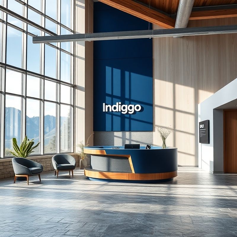 Recepcija ljubljanske pisarne Dober Atelje z indigo pridihom in alpsko svetlobo